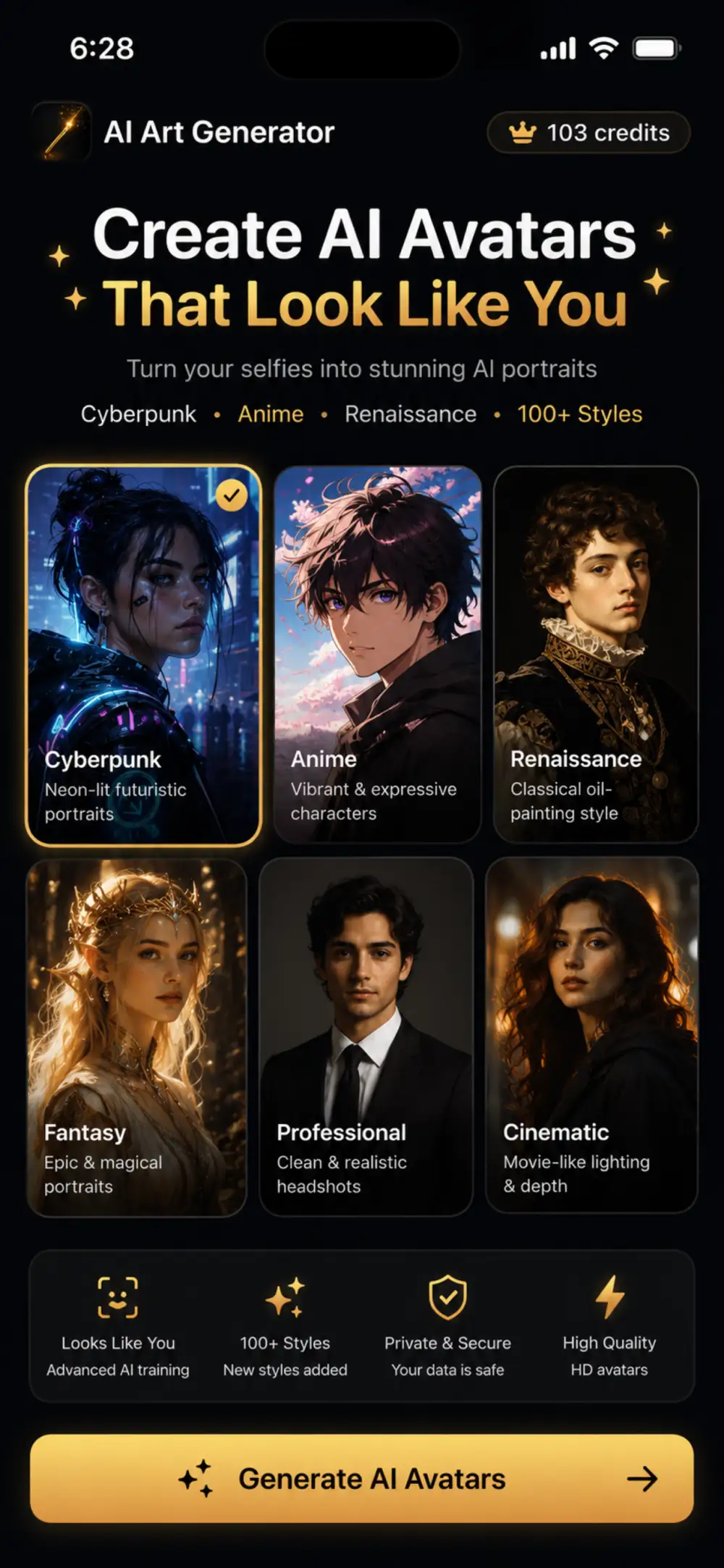 ArtGenie AI avatars screen with anime, cyberpunk, fantasy and professional styles